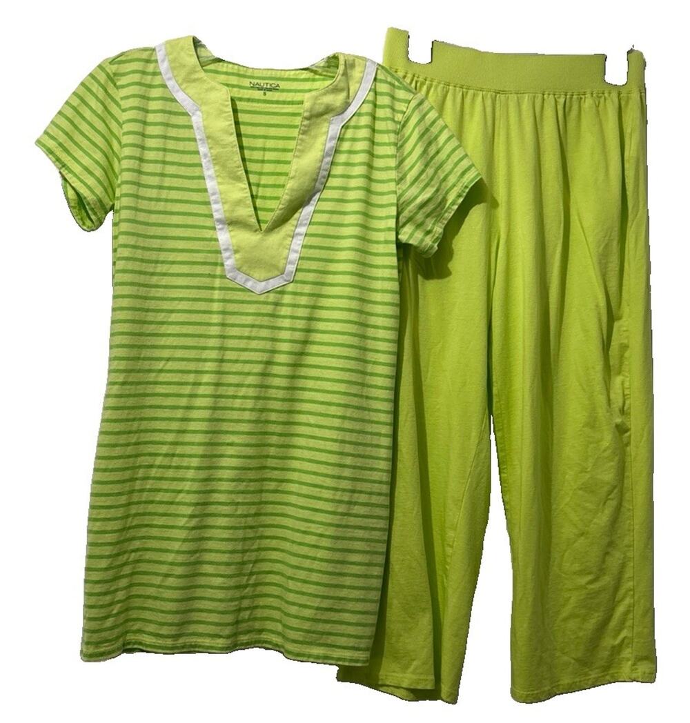 Nautica Lounge Set Lime Green Striped V Neck Top w/ Slits Size Small Pajamas Set